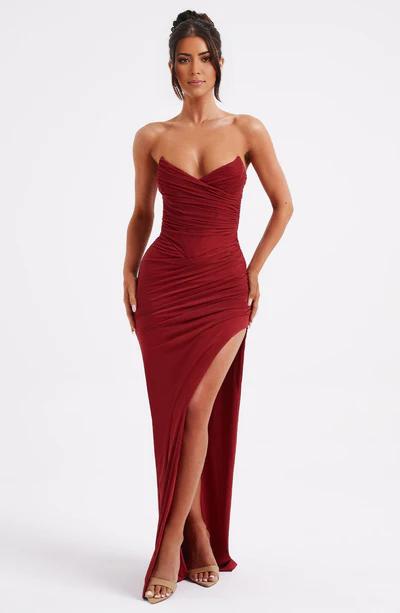 Wine A-Line Off the Shoulder Front Split Formal Prom Dress